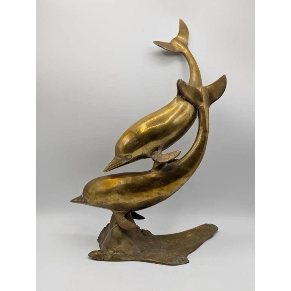 VTG 50s Large Brass Double Swimming Dolphins Sculpture MCM 15